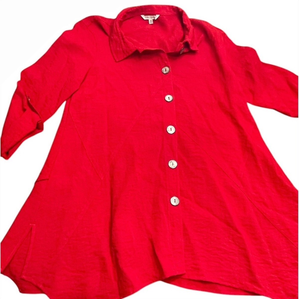John Mark Size Medium Red Button Up Asymetrical Tunic Top Roll Tab Sleeves Work